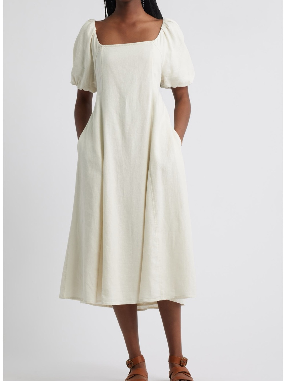 Treasure & Bond Puff Sleeve Linen Blend Midi Dress, Large